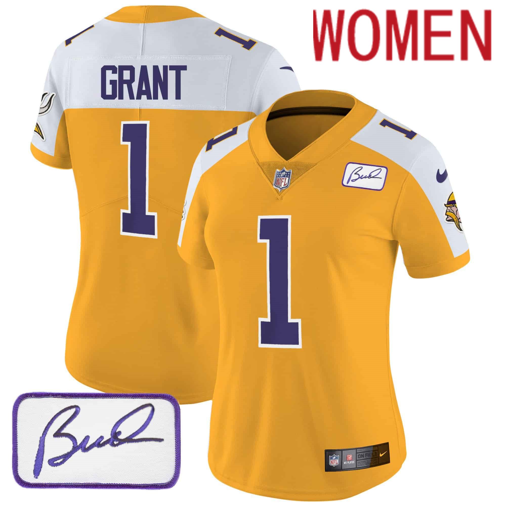 Women Minnesota Vikings 1 Grant Yellow 2024 Nike Bud Grant Patch Classic Limited NFL Jersey style 2
